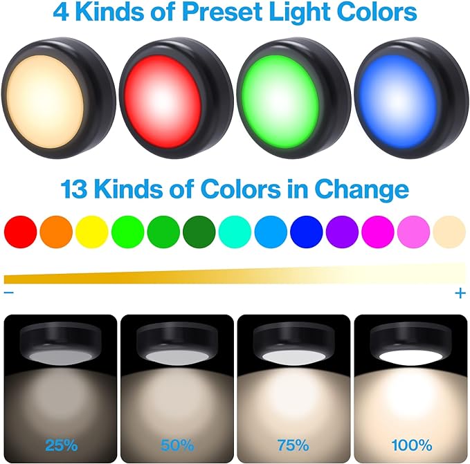 Cadrim Puck Lights, 6 Pack 13 Colors Changeable LED Puck lightings Battery Powered Dimmable Under Cabinet Lights, Battery Powered Under Counter Lights with 2 Wireless Remote Controls, Black