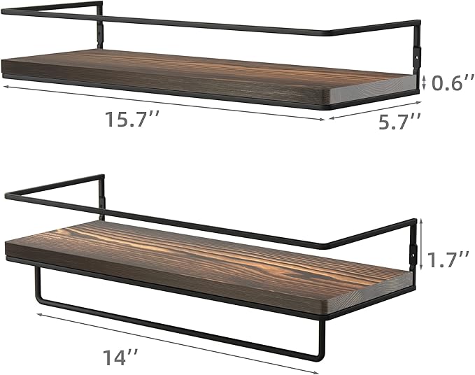 ZGO Floating Shelves for Wall Set of 2, Wall Mounted Storage Shelves with Metal Frame and Towel Rack for Bathroom, Kitchen, Bedroom