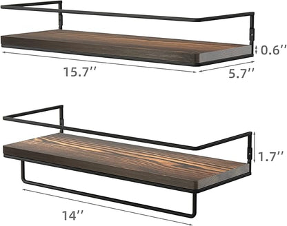ZGO Floating Shelves for Wall Set of 2, Wall Mounted Storage Shelves with Metal Frame and Towel Rack for Bathroom, Kitchen, Bedroom