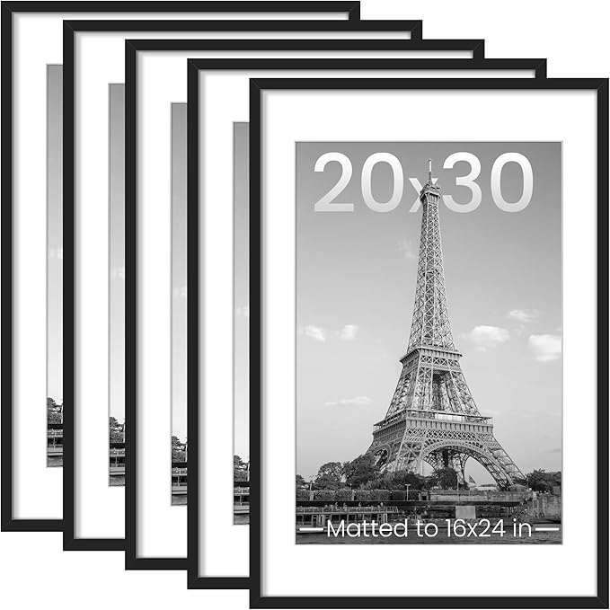upsimples 20x30 Picture Frame Set of 5, Display Pictures 16x24 with Mat or 20x30 Without, Wall Gallery Photo Frames, Black