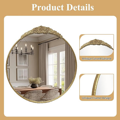 Growsun Round Wall Mirror with Vintage Gold Floral Frame – 28 Inch Decorative Wall Mirror for Living Room, Bedroom, Entryway, Bathroom Vanity – Elegant Antique Accent Home Décor