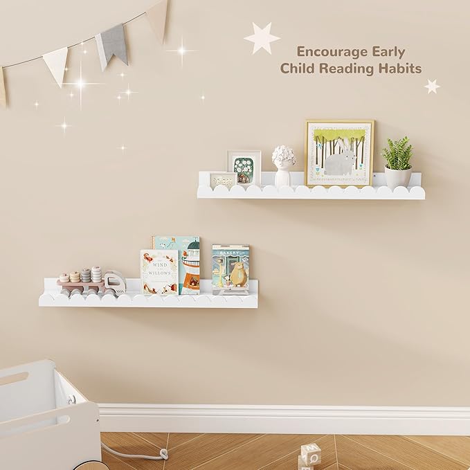 Fun Memories 28 Inch Scalloped Floating Shelf, White Picture Ledge for Wall, Set of 2, Nursery Book Shelves for Baby Room, Kids Rooms, Bedroom