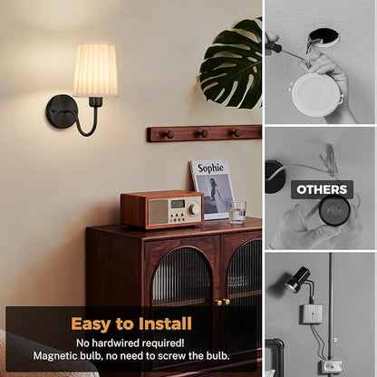 Battery Operated Wall Sconce Set of 2, Rechargeable Wall Sconces with 10000mAh Dimming Magnetic Bulb, Wireless Battery Powered Wall Lights with Pleated for Bedroom Living Room Gallery Hallway,Black