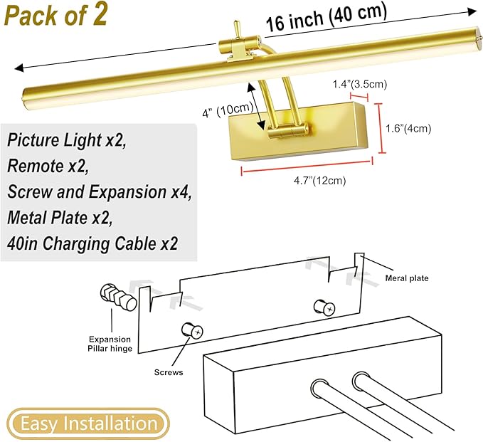 2 Pack Picture Light Battery Operated for Wall, 16" Wireless Art Lighting for Painting, 6 Colors Picture Frame Lights with Remote, Dimmable 5200mAh Gallery Light, Gold