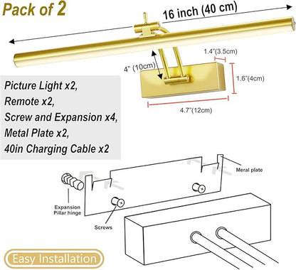 2 Pack Picture Light Battery Operated for Wall, 16" Wireless Art Lighting for Painting, 6 Colors Picture Frame Lights with Remote, Dimmable 5200mAh Gallery Light, Gold