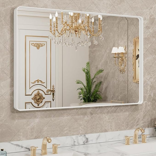 LOAAO 40x36 Inch White Metal Framed Bathroom Mirror for Wall, White Bathroom Vanity Mirror Farmhouse, Large Rounded Rectangle Mirror, Anti-Rust, Tempered Glass, Hangs Horizontally or Vertically