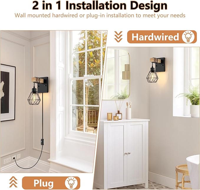 Plug in Wall Sconces Set of Two, Vintage Wood Wall Lamps with Plug in Cord, Farmhouse Wall Light Fixture with 5.25FT On/Off Switch Cord, Indoor Sconces Lighting for Bedroom Living Room