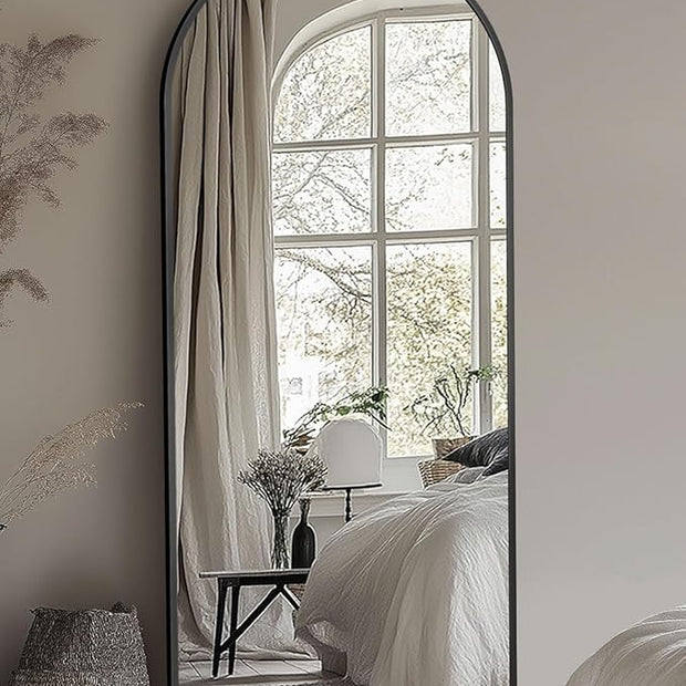 Full Length Mirror with Stand, 58"x18" Arched Full Body Mirror, Large Stand Up Aluminum Frame Floor Freestanding Hanging Leaning Mounted for Bedroom Living Room Entryway Black