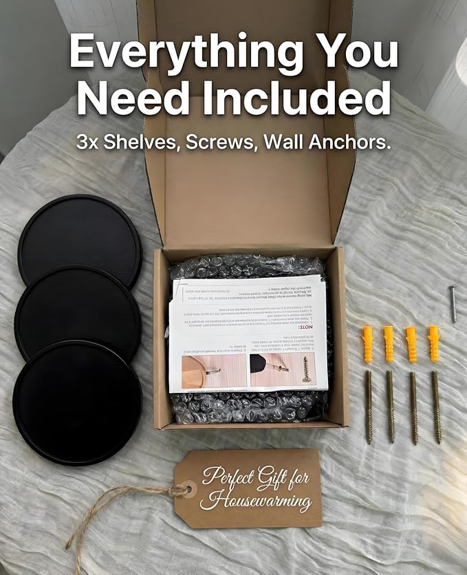 AceList Small Round Floating Shelves (Set of 3), 6 Inch Real Wood Circle Wall Shelf for Bathroom & Bedroom Decor, Matte Black Invisible Mount Display Rack for Plants, Collectibles, and Trophies