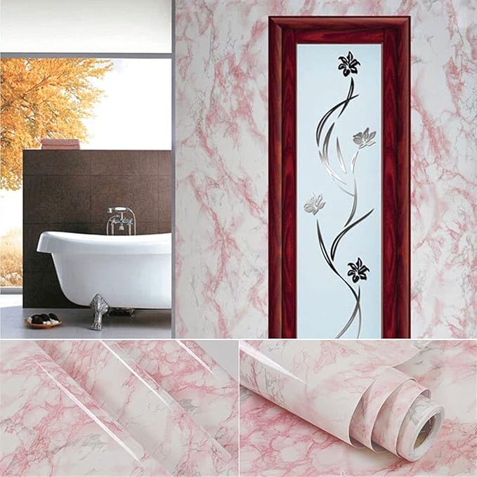practicalWs 15.7 in × 118 in White Pink Marble Stick Paper Peel and Stick Countertops Self-Adhesive Vinyl Watertight Wallpaper Great As Cabinets Drawer Shelf Wall Crafts Wall Paper Decorations