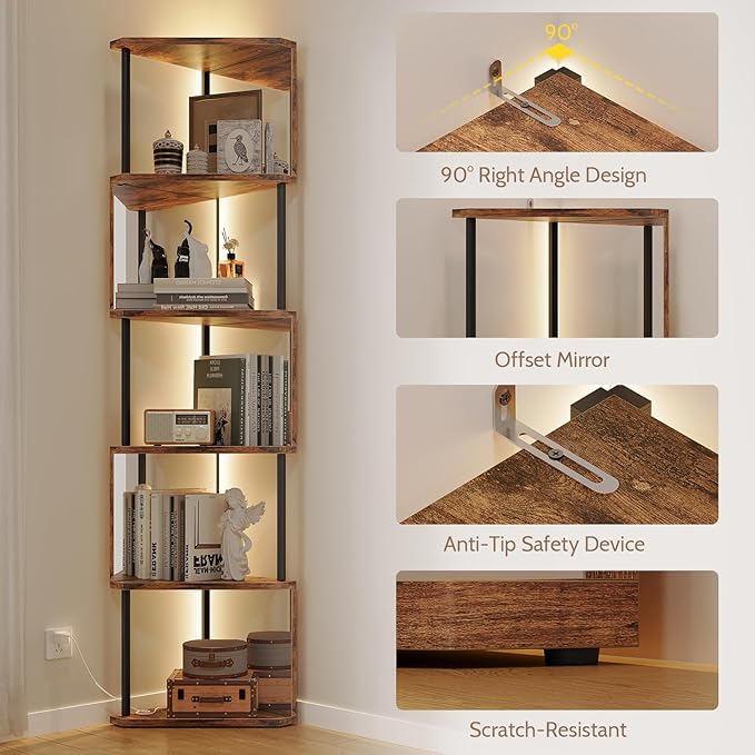 Industrial Corner Shelf with LED Lights & Mirror-Effect Panels, 6-Tier Modern Corner Bookshelf with Remote Control Color-Changing Lights, Space-Saving Display Unit for Bedroom & Living Room