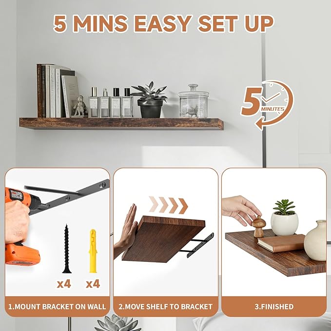 LifetimeWarranty Easy Install Floating Shelves Set of 3, 15.7 Inch Functional Wooden Wall Mounted Picture Ledge Shelf, Save storage for Home Decor & Storage in Bedroom, Living Room, Bathroom, Kitchen