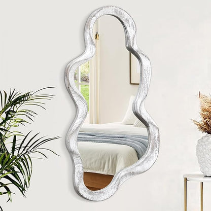 Large Asymmetrical Wall Mirror Irregular Wood Frame Modern Unique Wall-Mounted Artistic Wavy Mirror Decor Bathroom Vanity Bedroom Living Room Entryway Hallway 120x55cm Natural