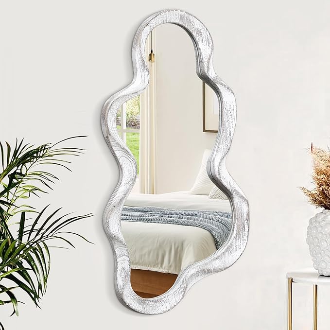 Large Asymmetrical Wall Mirror Irregular Wood Frame Modern Unique Wall-Mounted Artistic Wavy Mirror Decor Bathroom Vanity Bedroom Living Room Entryway Hallway 120x55cm Natural