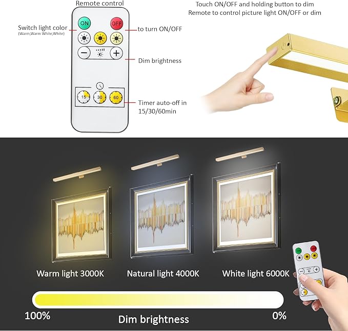 Rechargeable Picture Light,16in Metal Wireless Art Light Display Lamp with Remote,Dimmable and Timer Picture Lights for Paintings,3 Modes,Dartboard Light for Frame Picture Gallery Portrait