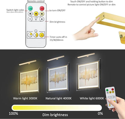 Rechargeable Picture Light,16in Metal Wireless Art Light Display Lamp with Remote,Dimmable and Timer Picture Lights for Paintings,3 Modes,Dartboard Light for Frame Picture Gallery Portrait