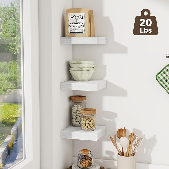 Fun Memories Small Floating Shelves for Wall - 8 Inch Square Wall Shelves with Invisible Brackets, White Shelves for Bathroom, Living Room, Bedroom, and Kitchen Decor, Set of 3