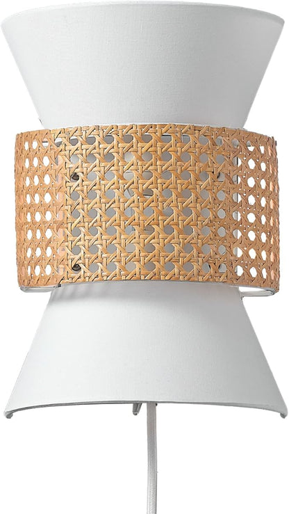Globe Electric 65925 2-Light Plug-in or Hardwire Wall Sconce, Matte White Fabric Shade with Natural Rattan Accent, 6ft Braided Cord, in-Line Rocker Switch, Modern Lighting for Apartments or Renters