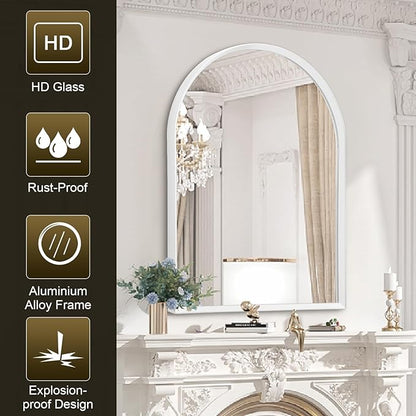Arched Wall Mirror Bathroom Mirror Brushed Metal Vanity Wall Mounted Mirror for LivingRoom Bedroom Entryway Room Home Decor White 28"x20"