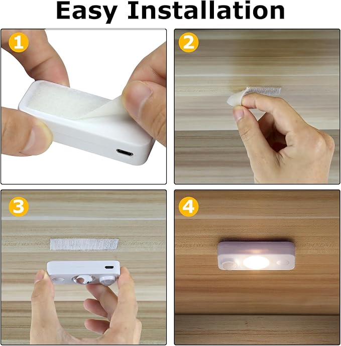 LED Motion Sensor Puck Lights, Rechargeable Cabinet Lights, Stick on Wireless LED Night Light for Closet, Drawer, Shelf, Under Cabinet, Warm White 4Pack, USB Charging Cord Included