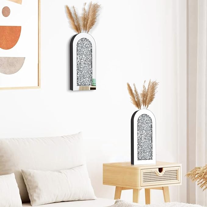 Crushed Diamond Mirrored Wall Decor Vase Crystal Silver Mirror Flower Vase Stunning Decor Glass Hanging Planter for Home Decor Living Room Dining Bedroom Hallway Wall Decor.Can't Hold Water(2 Set)
