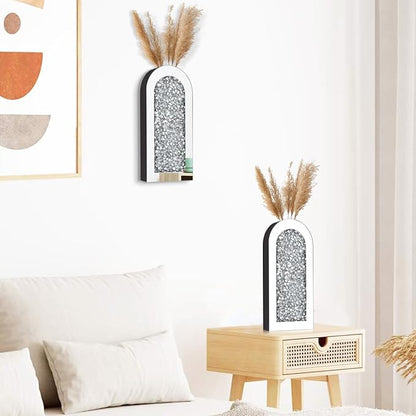 Crushed Diamond Mirrored Wall Decor Vase Crystal Silver Mirror Flower Vase Stunning Decor Glass Hanging Planter for Home Decor Living Room Dining Bedroom Hallway Wall Decor.Can't Hold Water(2 Set)