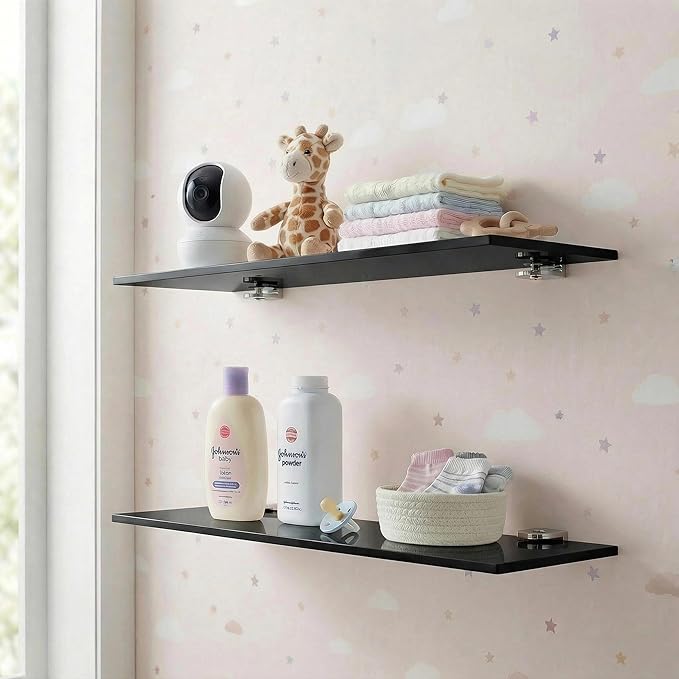iobiotio Small Shelves, Mini Acrylic Floating Shelf, Display Ledge Plastic Wall Shelves for Figures Plants Accessory, 12 x 4 inch Floating Shelf, Black, 2 Pcs