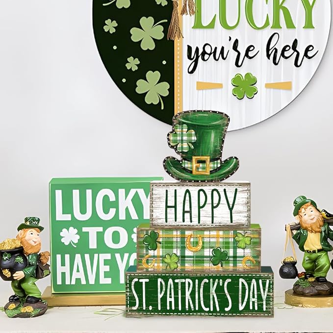 DIYDEC 4Pcs St.Patrick's Day Table Decoration Shamrocks Hat Wooden Block Signs Rustic St. Patrick Tiered Tray Decor Happy St.Patrick's Day Centerpiece Sign for Farmhouse Holiday Tabletop Party Decor