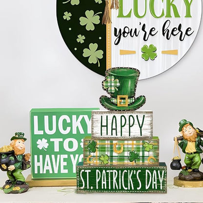 DIYDEC 4Pcs St.Patrick's Day Table Decoration Shamrocks Hat Wooden Block Signs Rustic St. Patrick Tiered Tray Decor Happy St.Patrick's Day Centerpiece Sign for Farmhouse Holiday Tabletop Party Decor