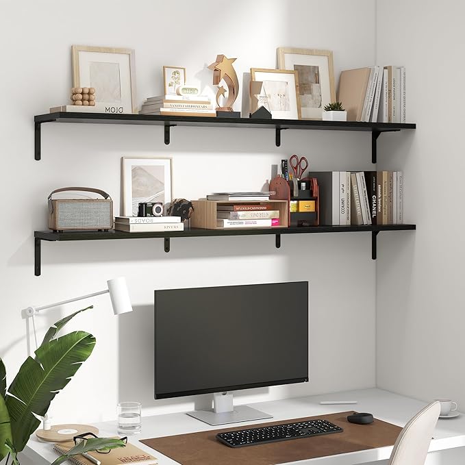 Fun Memories Deep Floating Shelves, 55W x 8D Floating Shelves Set of 2, Wall Mounted Shelf with Metal Brackets, Rustic Wood Wall Shelf for Bathroom, Kitchen and Living Room, Black