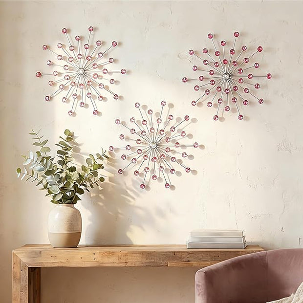 ZEXUIRU 3 Pack Silver Sunburst Wall Decor – Metal Crystal Wall Art with Sparkling Rhinestones, 14’’/18 Inch Starburst Wall Hanging Set for Living Room Bedroom Bathroom – Modern Bling Home Decorations