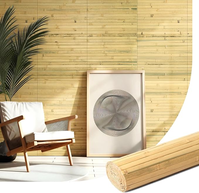 Natural Bamboo Wall Panel for Interior Wall Decor, Renewable Pole Wrap Wainscoting Paneling for Wall Ceiling Furniture Cabinet Office, 12 x 96 Inch, Natural
