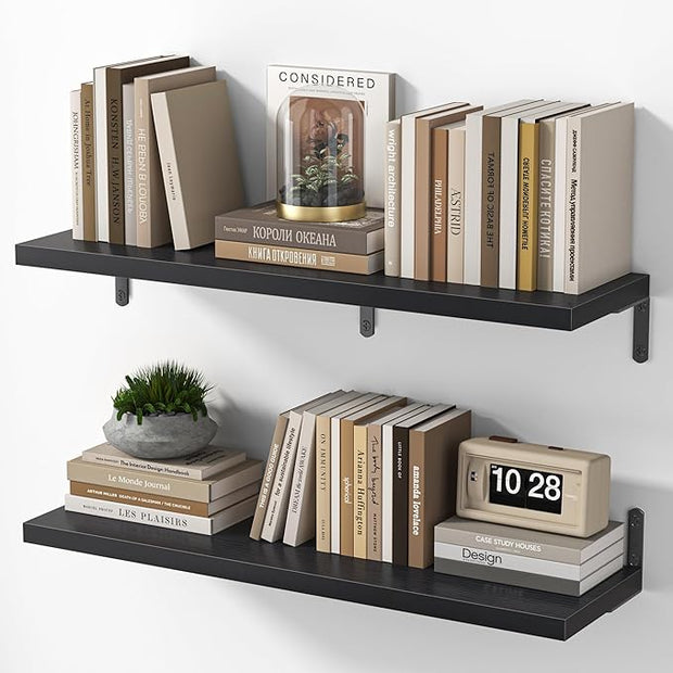 Marsmiles Extra Wide Floating Shelves for Wall, 32x8 Inch Natural Wood Grain Bookshelves, Heavy Duty Mounted Shelving for Bathroom, Kitchen, Living Room, Bedroom,Set of 2，Black
