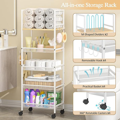 5-Tier Bathroom Storage Shelf, Mobile Metal Free Standing Shelving Unit with Wheels, Towel Rack Organizer with M-Shaped Detachable Dividers & 4 S-Hooks, Rolling Cart for Bathroom Laundry Kitchen,White