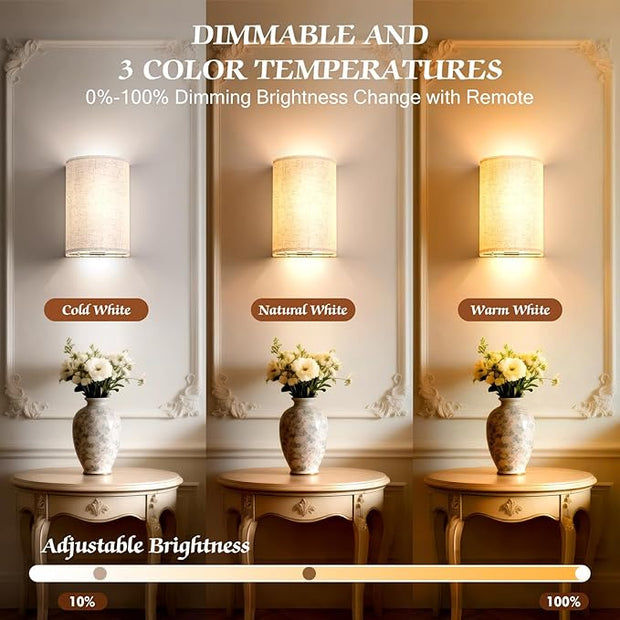 OCATO Battery Operated Wall Sconce: Wireless Wall Sconces Set of Two Magnetic Lamp Rechargeable Lights Dimmable with 16 RGB Colors Fabric Linen Shade with Remote Walls Decor for Bedroom Living Room