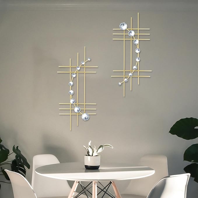 ZEXUIRU 2 Pack Gold Abstrac Wall Decor – Metal Crystal Wall Art with Sparkling Rhinestones, 16.5’’/24 Inch Wall Hanging Set for Living Room Bedroom Bathroom – Modern Bling Home Decorations