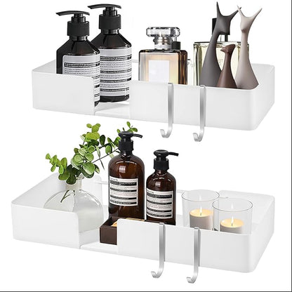 ABCOOL Shower Caddy Floating Bathroom Shelves - Set of 2, No Drill Wall Mounted Adhesive Hanging Shelves with Hooks Decorative Storage Shelves for Kitchen Living Room Bedroom