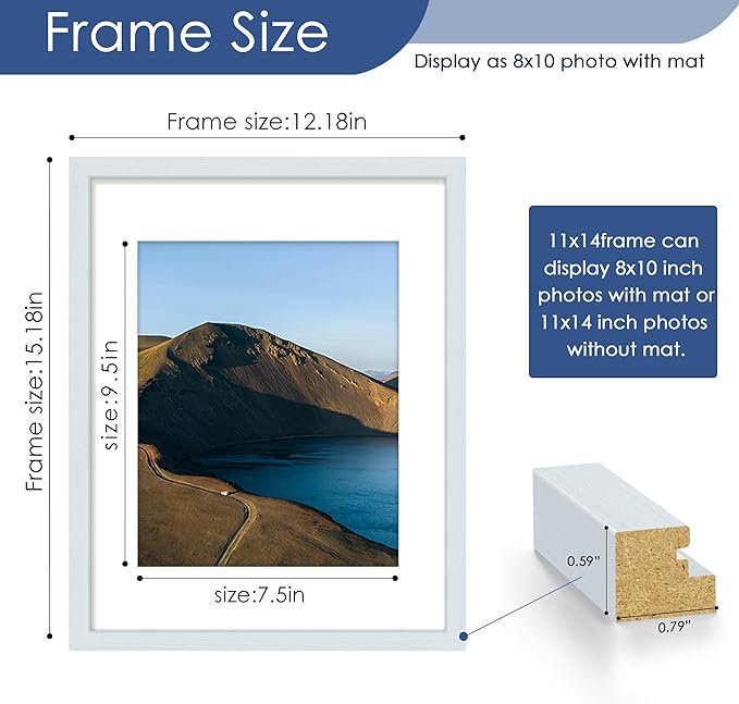 PEALSN 11x14 Picture Frame Set of 6, Display Pictures 8x10 with Mat or 11x14 without Mat for Wall Mounting or Table Top Display, Photo Frames Collage for Wall Decor, Blue