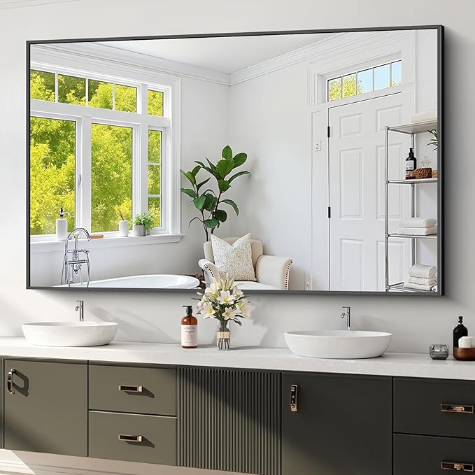 Koonmi Black Framed Bathroom Mirror - Shatterproof 36
