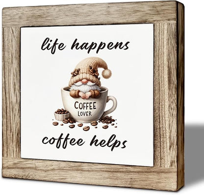 Coffee Bar Decor, Life Happens Coffee Helps Wooden Box Sign, Funny Gnome Wooden Block Sign, Bar Decorations for Home, Rustic Wood Table Top Decor 5.9×5.9 inch
