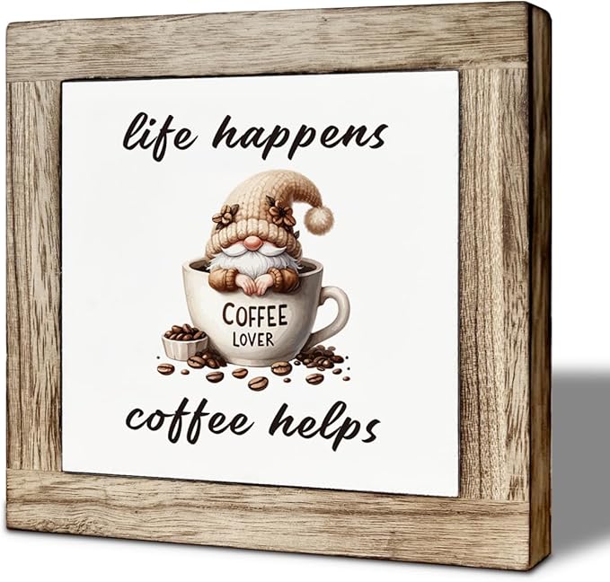 Coffee Bar Decor, Life Happens Coffee Helps Wooden Box Sign, Funny Gnome Wooden Block Sign, Bar Decorations for Home, Rustic Wood Table Top Decor 5.9×5.9 inch