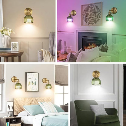 Battery Operated Wall Sconce, Vintage Wall Sconce with Deep Green Tulip Glass Lampshade Rechargeable Battery Powered Wall Light with Remote Control for Bedroom,Living Room, Hallway, Aisle