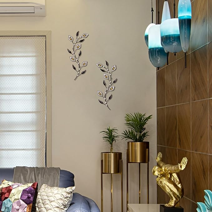 sxnzequnze 2 Pcs Metal Leaf Wall Art Crystal Bling Decorations Silver Leaves 3D Iron Handmade Home Decor Hanging Minimalist Accents Modern Set for Living Room Bathroom Bedroom Dining Room Hallway