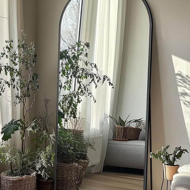 Full Length Mirror with Stand, 58"x18" Arched Full Body Mirror, Large Stand Up Aluminum Frame Floor Freestanding Hanging Leaning Mounted for Bedroom Living Room Entryway Black