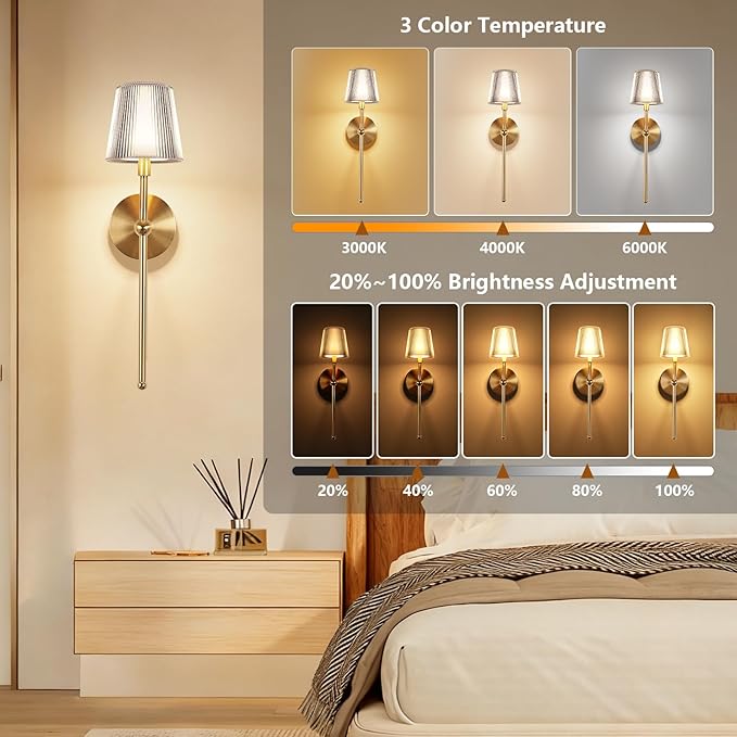 Kimjo Battery Operated Wall Sconce Set of 2, 5200mAh Rechargeable Wireless Wall Sconces Lights with Dimmable Timer Remote, Cordless Gold Wall Light for Bedroom Living Room Hallway Decor