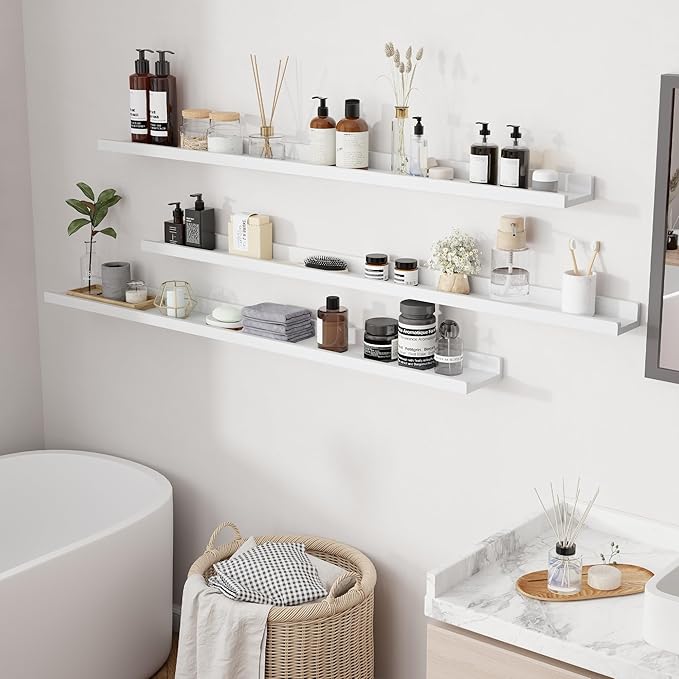 RICHFOCUS Floating Shelves for Wall, 55 inch Solid Wood Picture Ledge Shelf for Wall Storage, Nursery Book Shelves with Lip for Living Room Bathroom Bedroom Kitchen, Set of 3, Washed White
