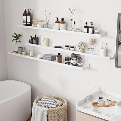 RICHFOCUS Floating Shelves for Wall, 55 inch Solid Wood Picture Ledge Shelf for Wall Storage, Nursery Book Shelves with Lip for Living Room Bathroom Bedroom Kitchen, Set of 3, Washed White