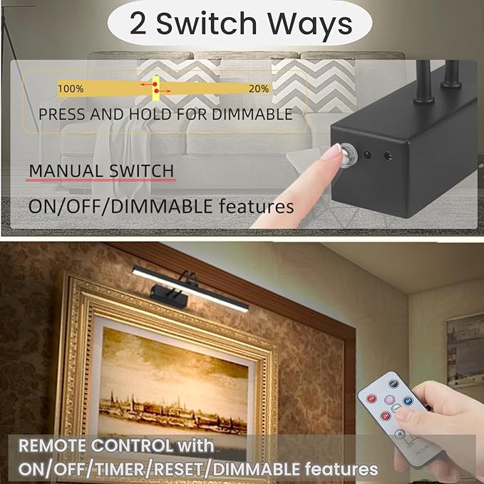 FUNCHDAY Picture Light Rechargeable, Wireless Picture Lights for Wall with Remote, 280LM Dimmable Timer Set Gallery Light, 13inch Metal Battery Operated Art Lighting for Paintings,Frame (Black)