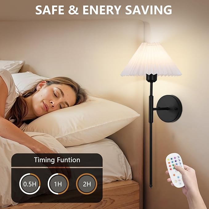 Battery Operated Wall sconces Set of Two,Rechargeable Wall Lights with Remote Control,Wireless Wall Sconce Dimmable,15 Color Changing,Black Battery Wall Lamp for Bedroom Living Room Hallway
