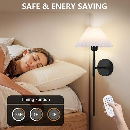 Battery Operated Wall sconces Set of Two,Rechargeable Wall Lights with Remote Control,Wireless Wall Sconce Dimmable,15 Color Changing,Black Battery Wall Lamp for Bedroom Living Room Hallway
